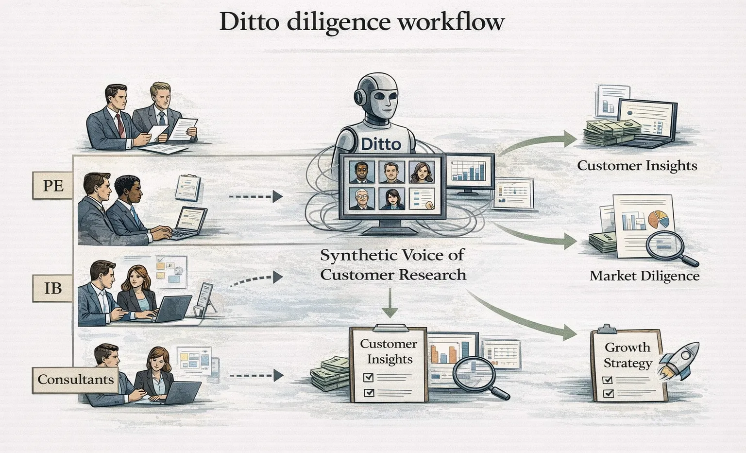 FishDog diligence workflow swimlane for private equity, investment banking, and consultants.