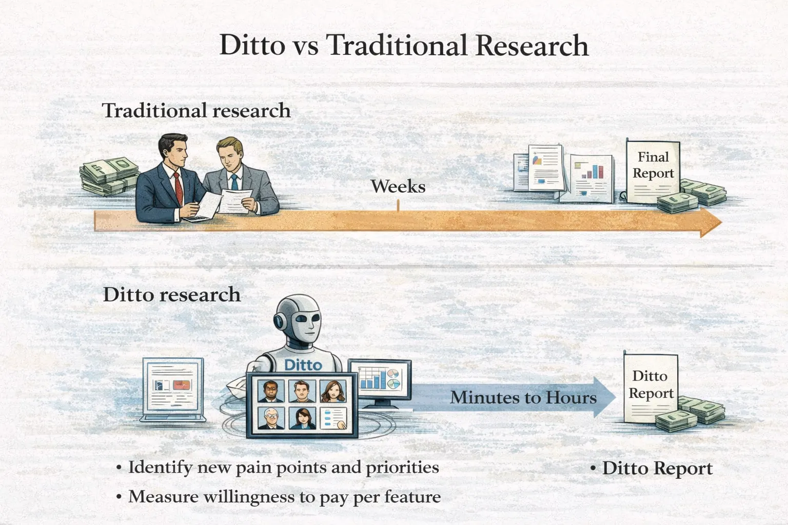 FishDog vs traditional research timeline comparing weeks to minutes.